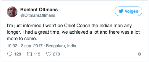 Roelant Oltmans Sacked as Head Coach of Indian Hockey Team Tweet